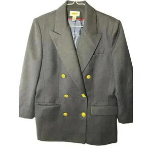 Talbots Petites Size 8 Navy Worsted Wool Double Breasted Blazer W/ Gold Buttons